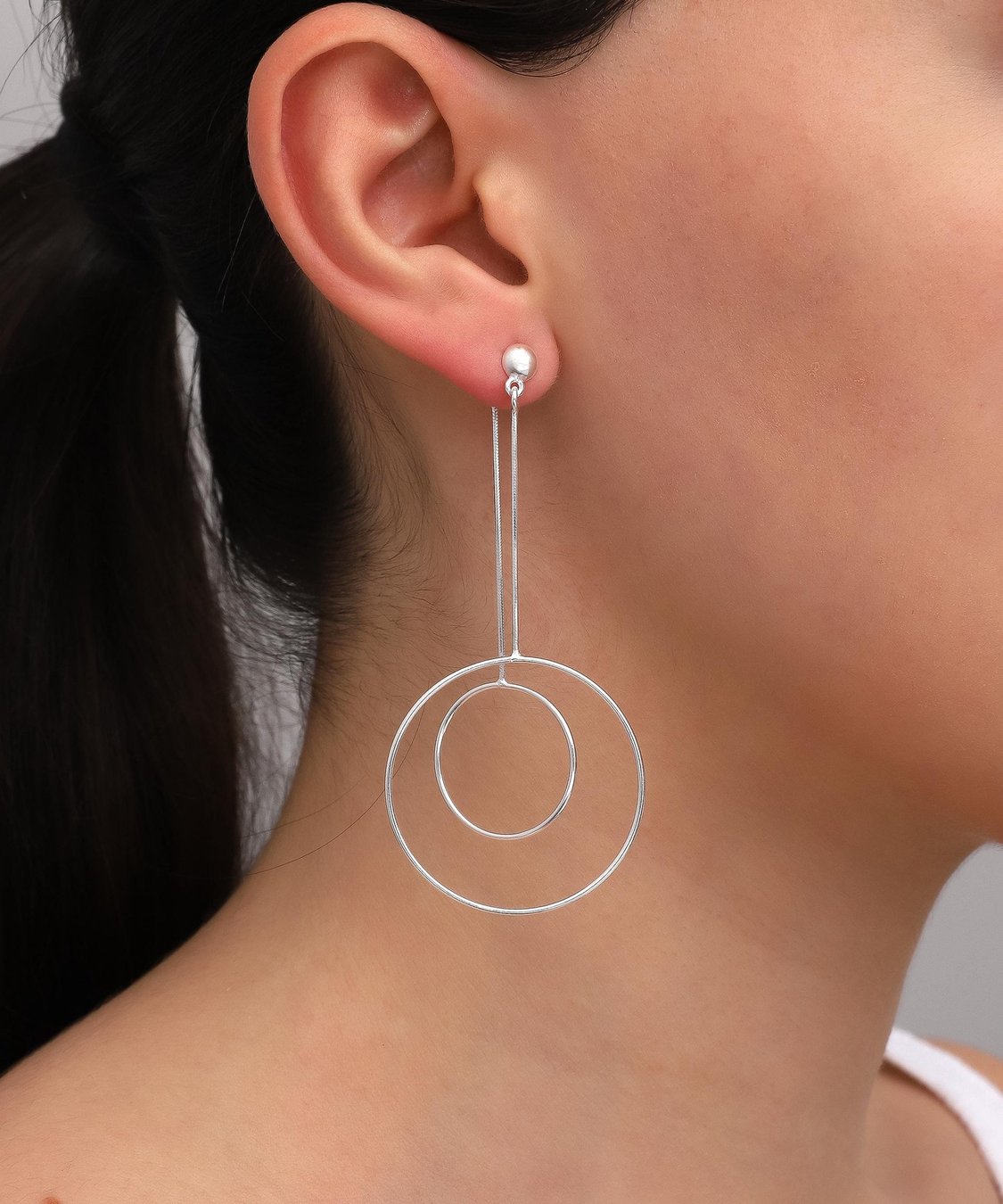 Sterling Silver Double Circle Drop Earrings: Minimalist Bridal Jewelry