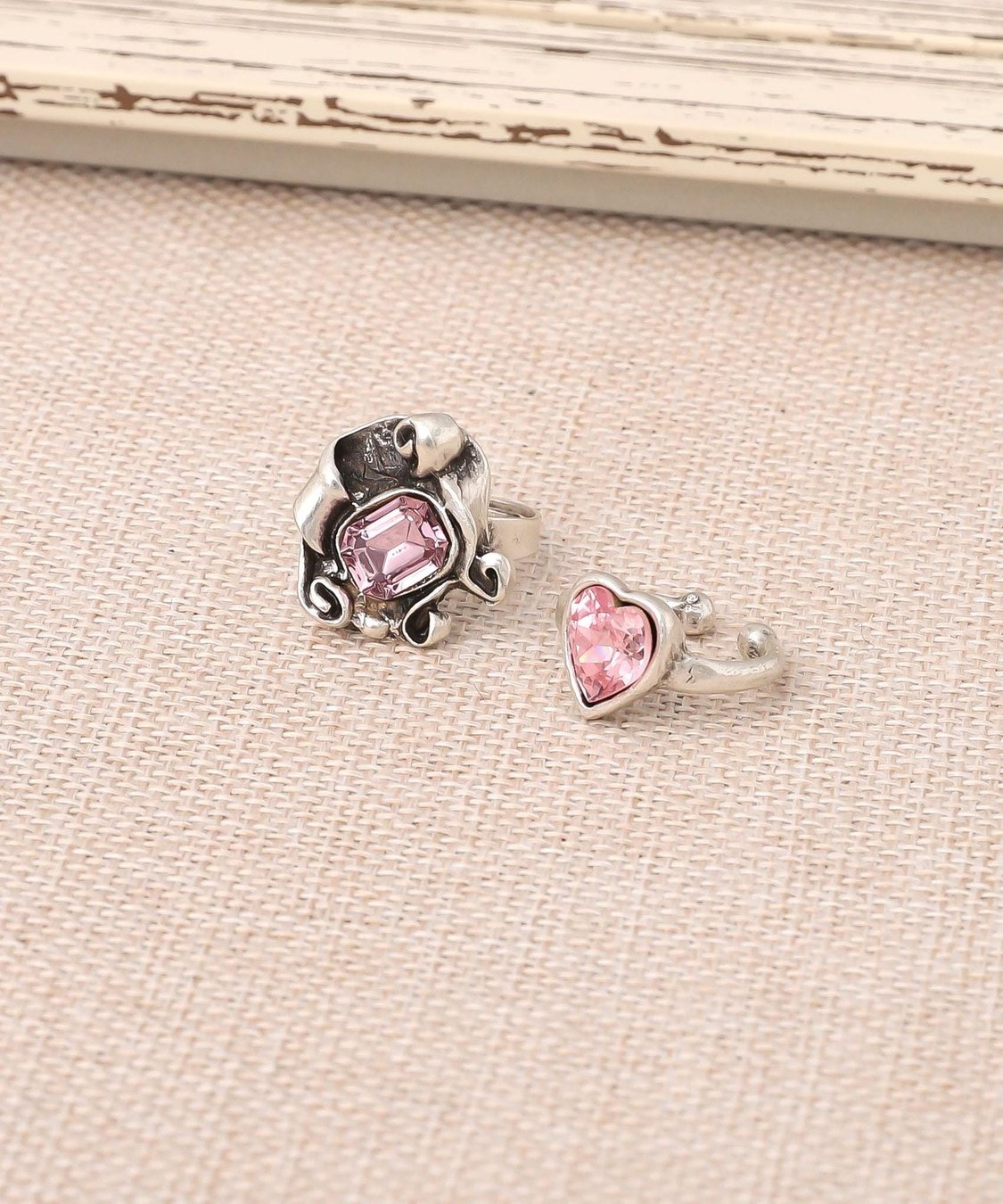 Pink Crystal Heart Ring Set: Antique Silver Bohemian Jewelry