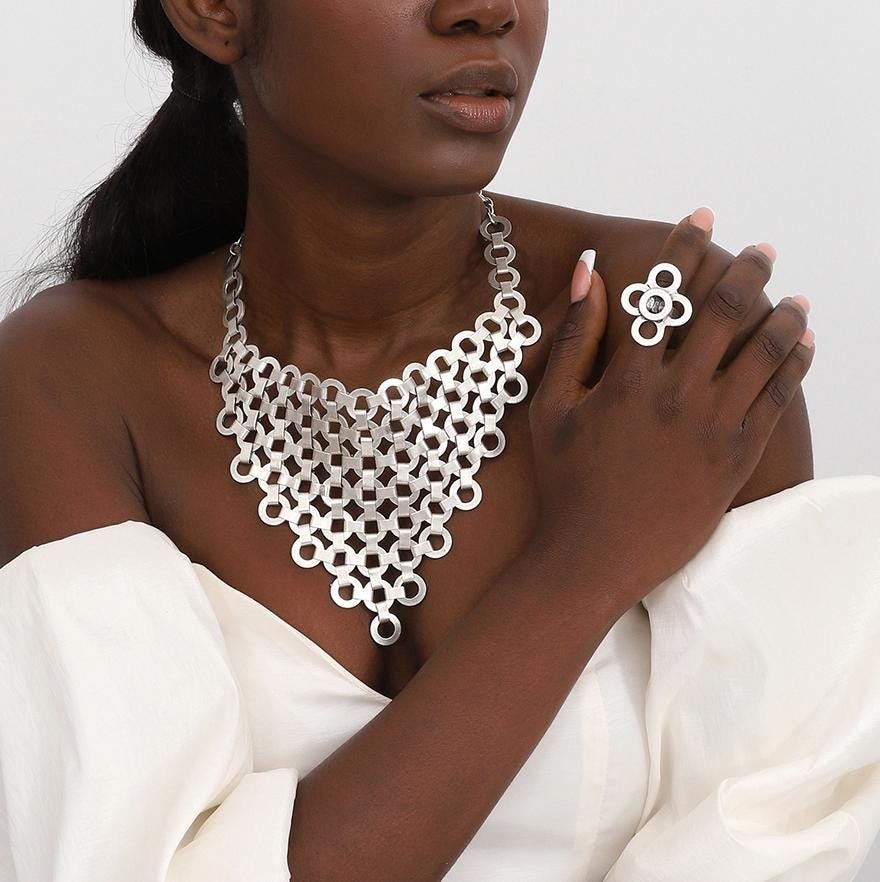 Hammered Geometric Necklace & Ring Set: Antique Silver Bohemian Jewelry