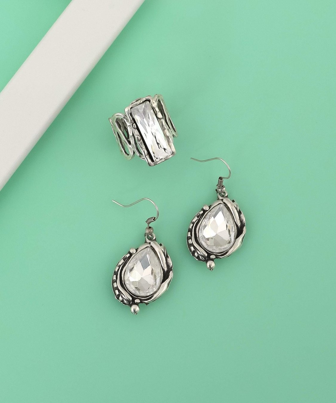 Silver Plated Crystal Ring and Earrings Set: Bohemian Flower Jewelry