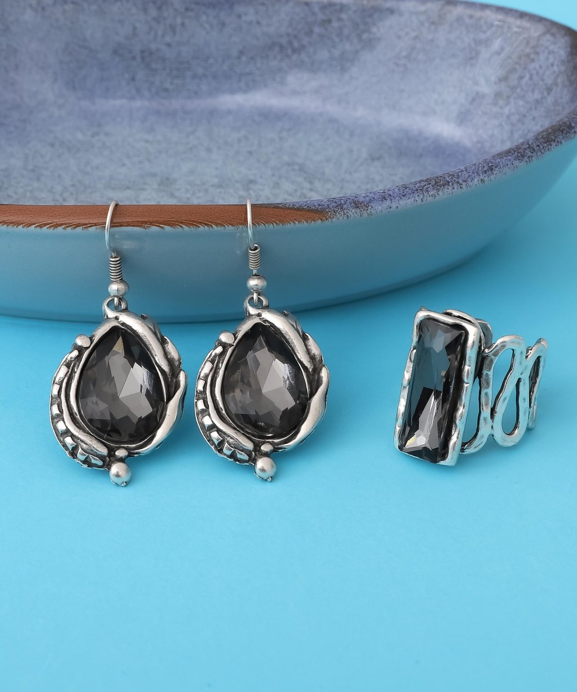 Crystal Stone Jewelry Set: Antique Silver Flower Ring and Earrings