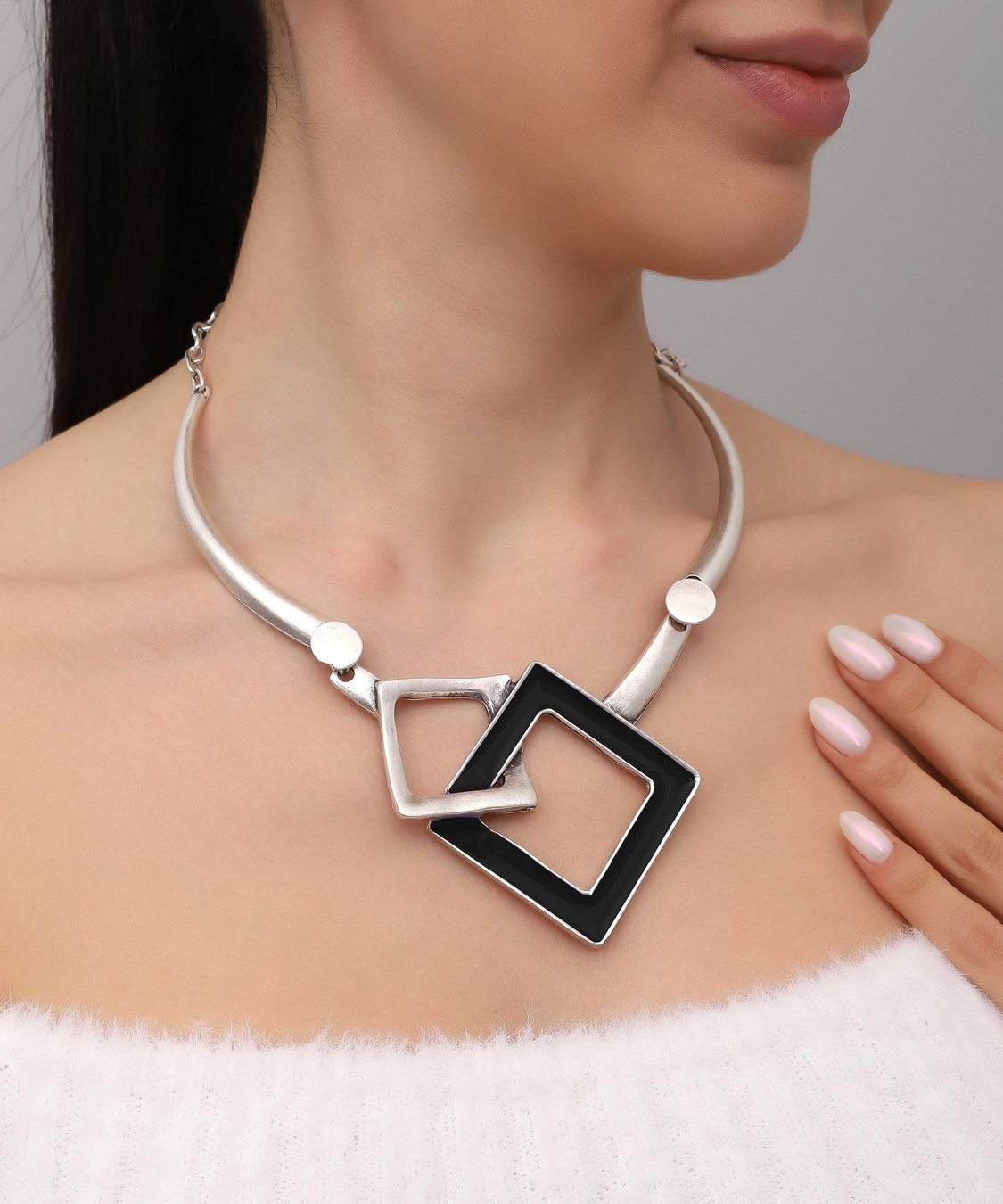 Vintage Silver Plated Geometric Necklace: Black Enamel Pendant