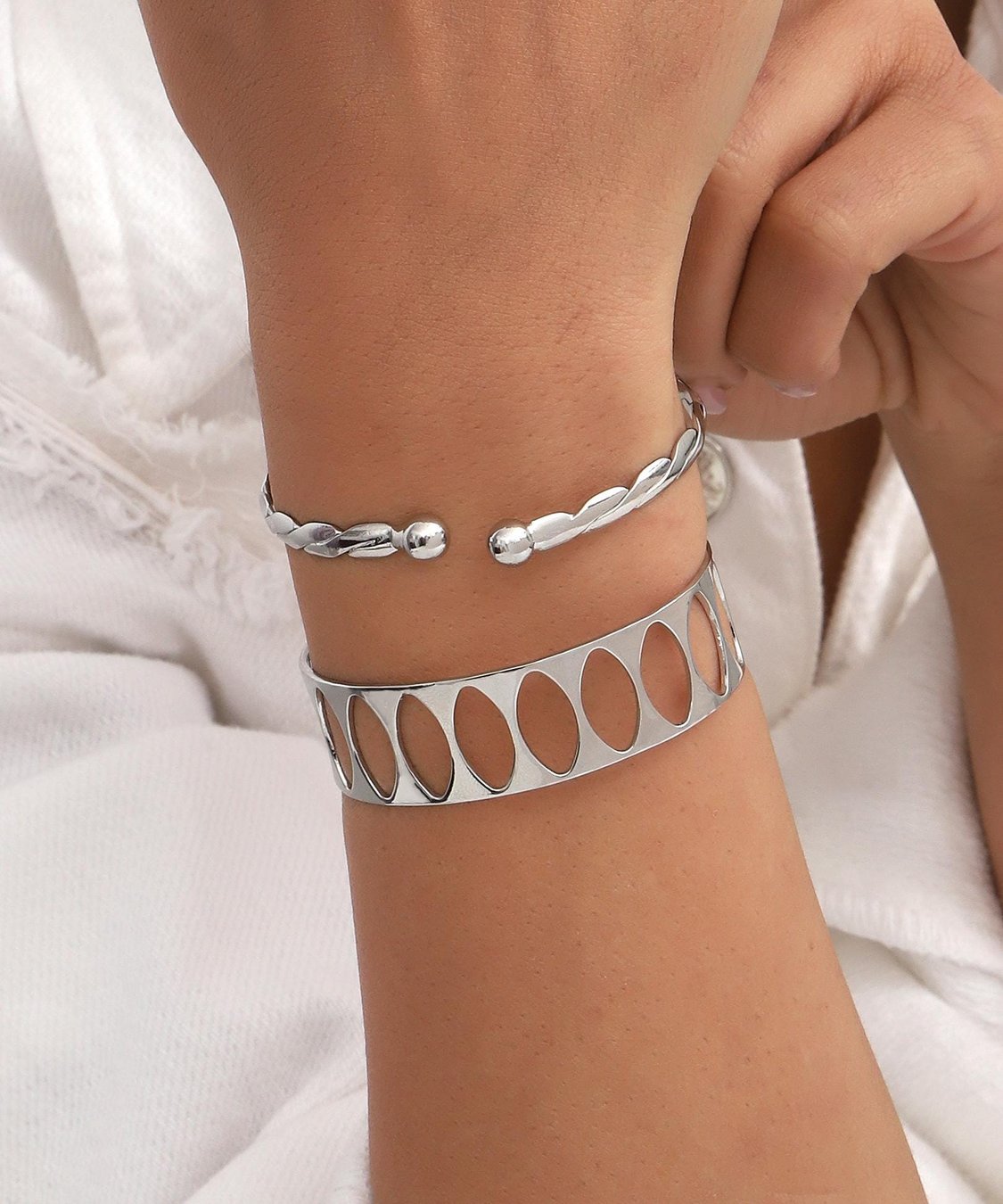 Twisted Silver Cuff Bracelet Set: Minimalist Friendship Jewelry