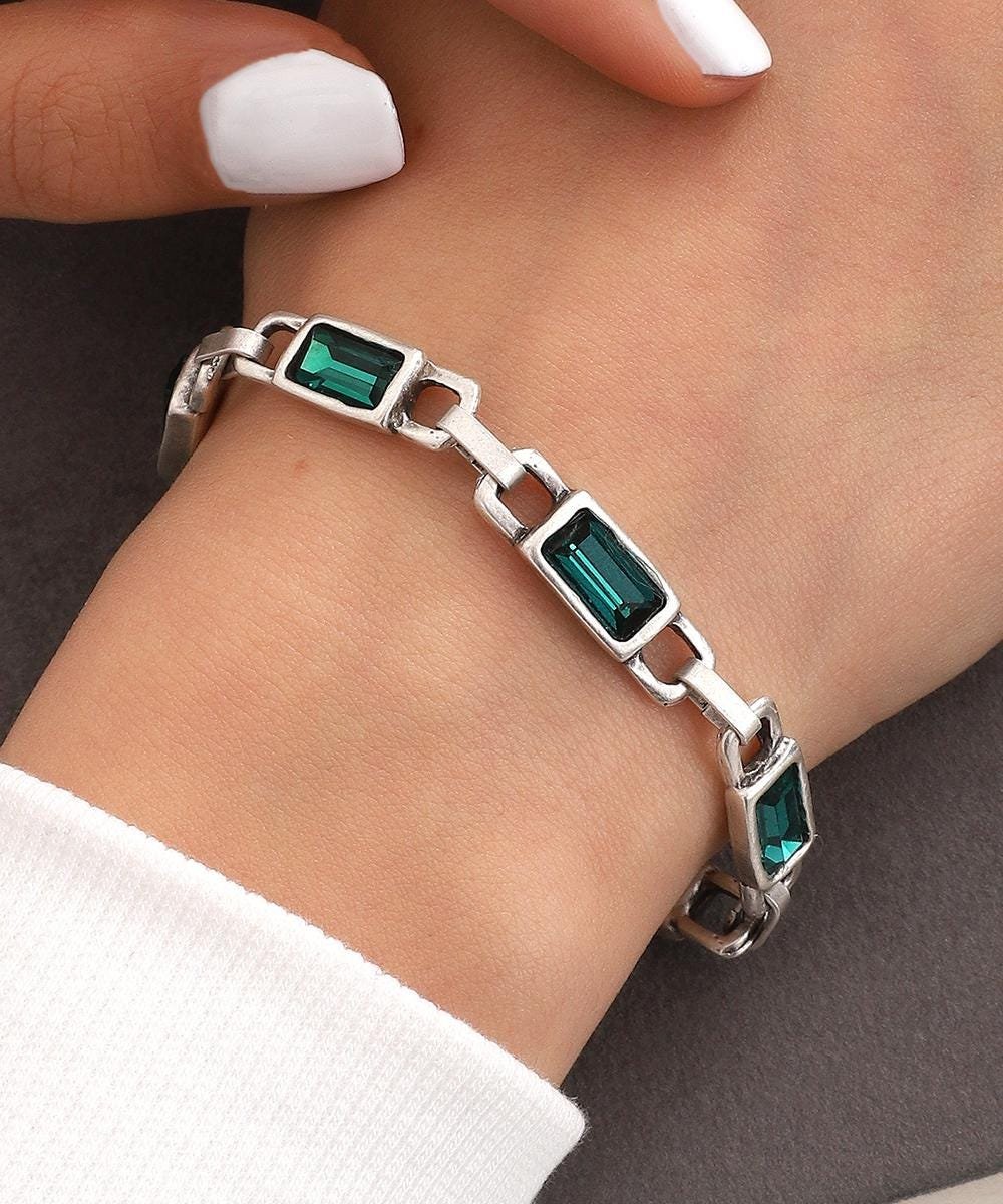 Baguette Crystal Antique Silver Bracelet: Boho Chic Hand Jewelry