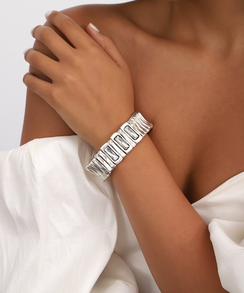 White Crystal Stone Silver Bracelet: Adjustable Boho Jewelry