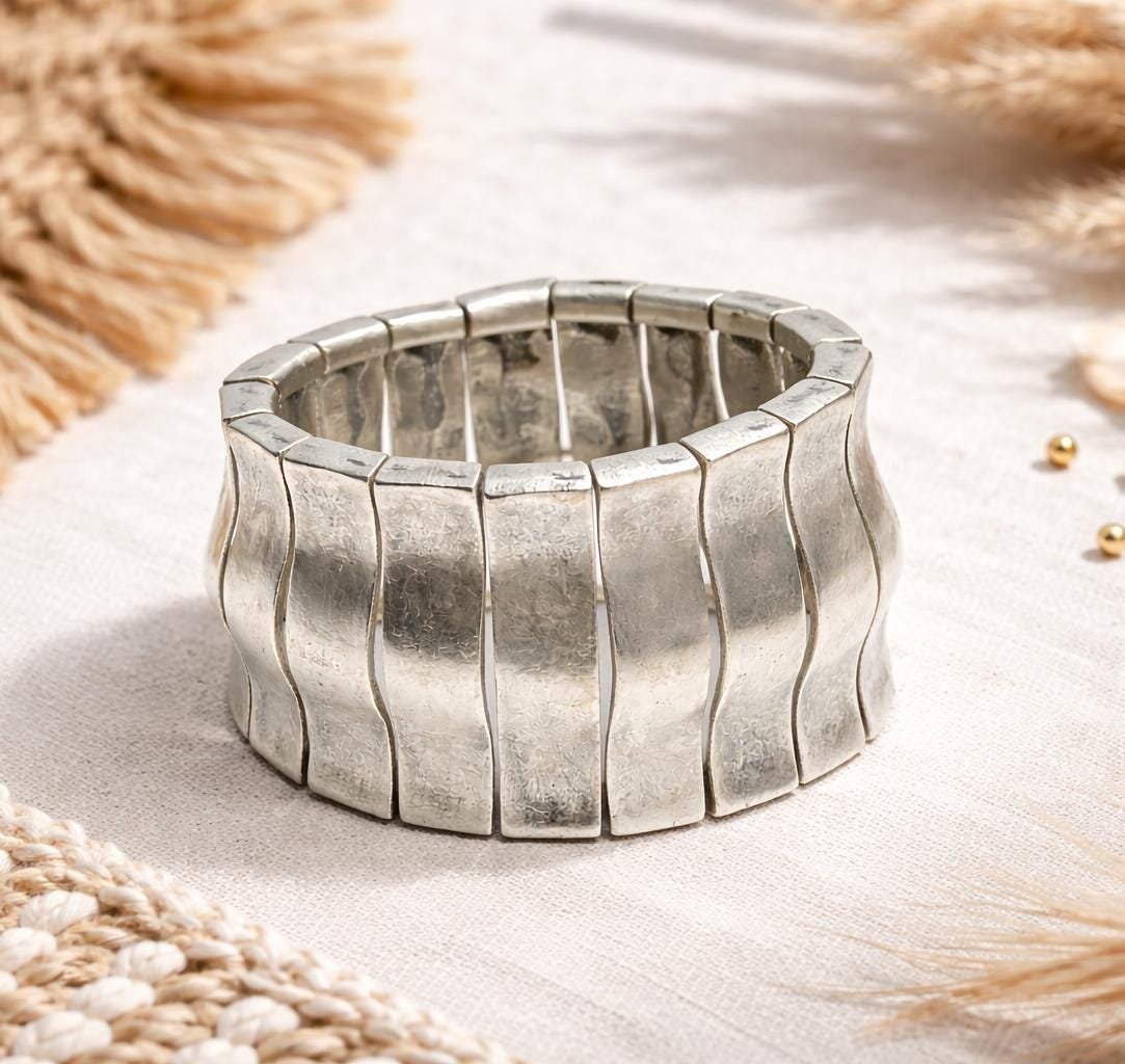 Art Nouveau Cuff Bracelet: Weavy Hummered, Silver Plated Brass
