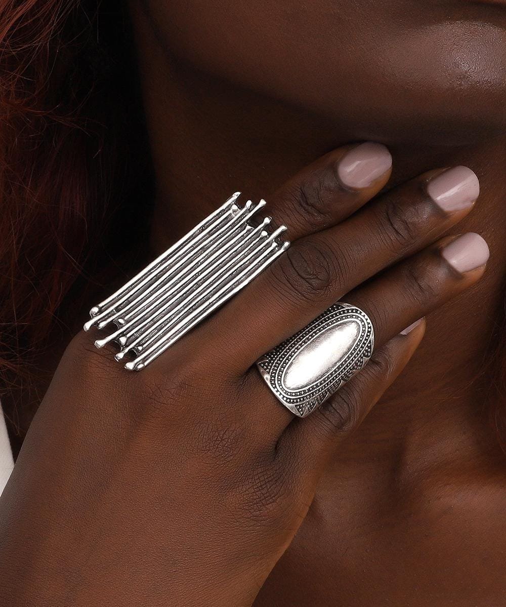 Bohemian Silver Plated Ring Set: Adjustable Vintage Style