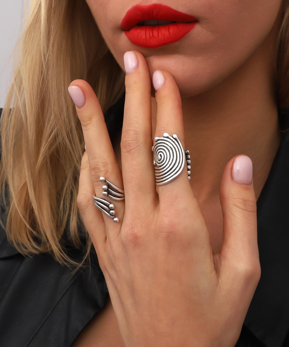Silver Plated Ring Set: Floral Spiral Design, Ethnic Jewelry