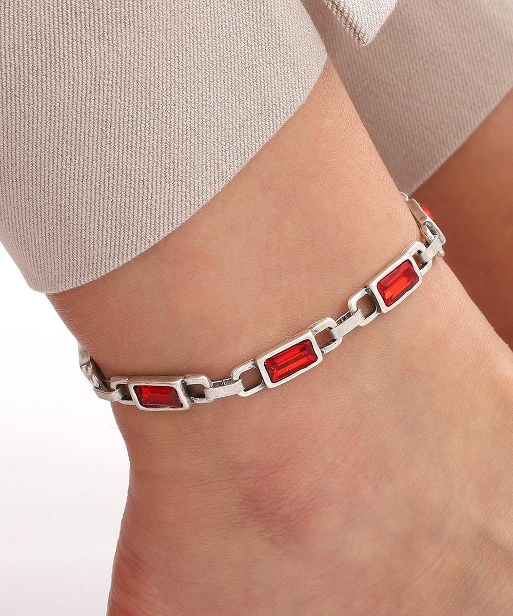 Baguette Crystal Stone Anklet: Boho Antique Silver Finish