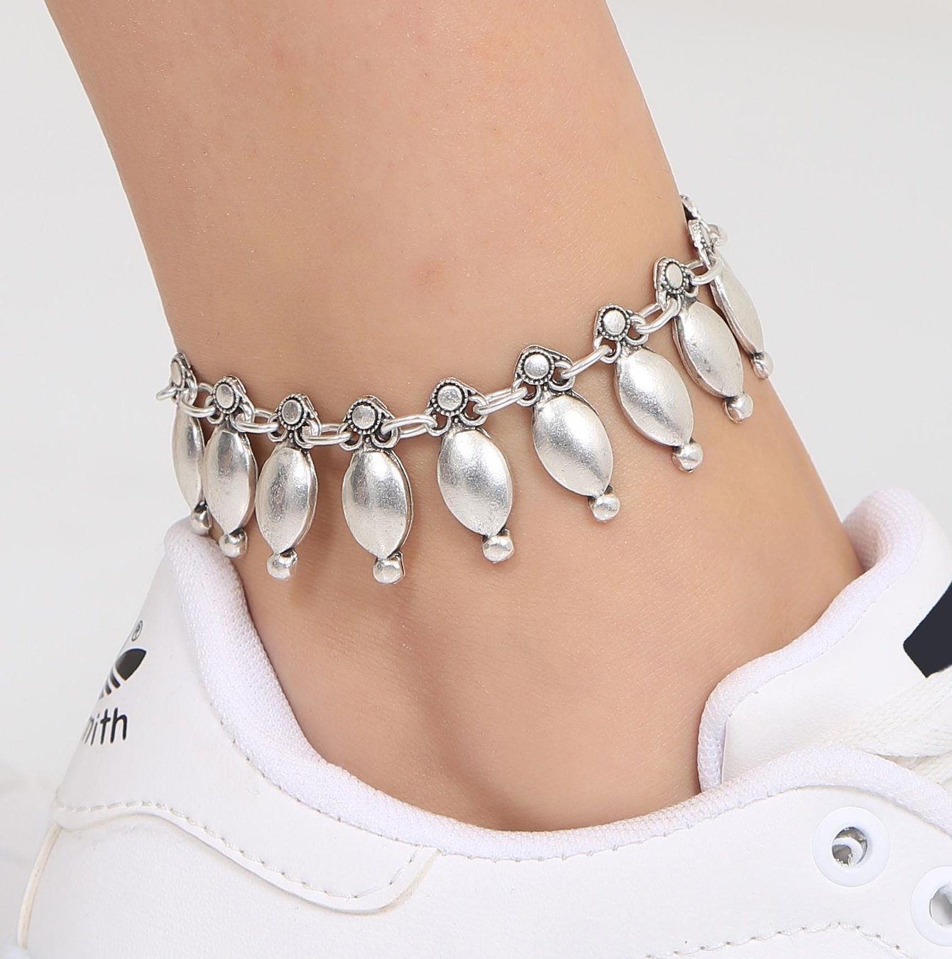 Handcrafted Silver Plated Tassel Anklet: Antique Boho Jewelry