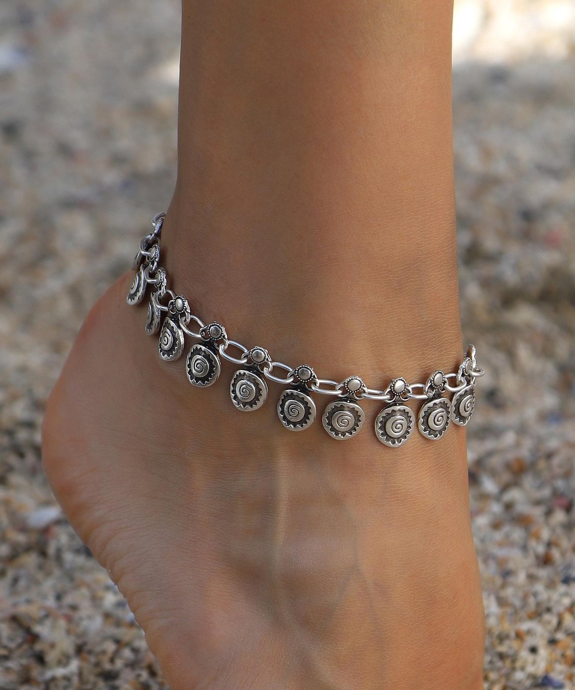 Boho Sun Spiral Anklet: Antique Silver Adjustable Beach Jewelry