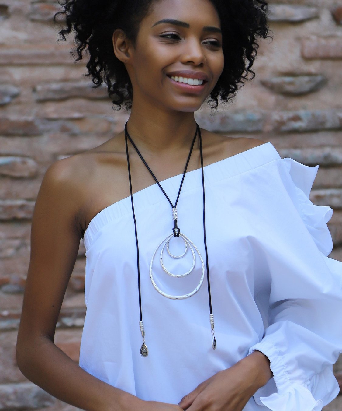 Antic Silver Ring Pendant Necklace: Adjustable Textile Rope