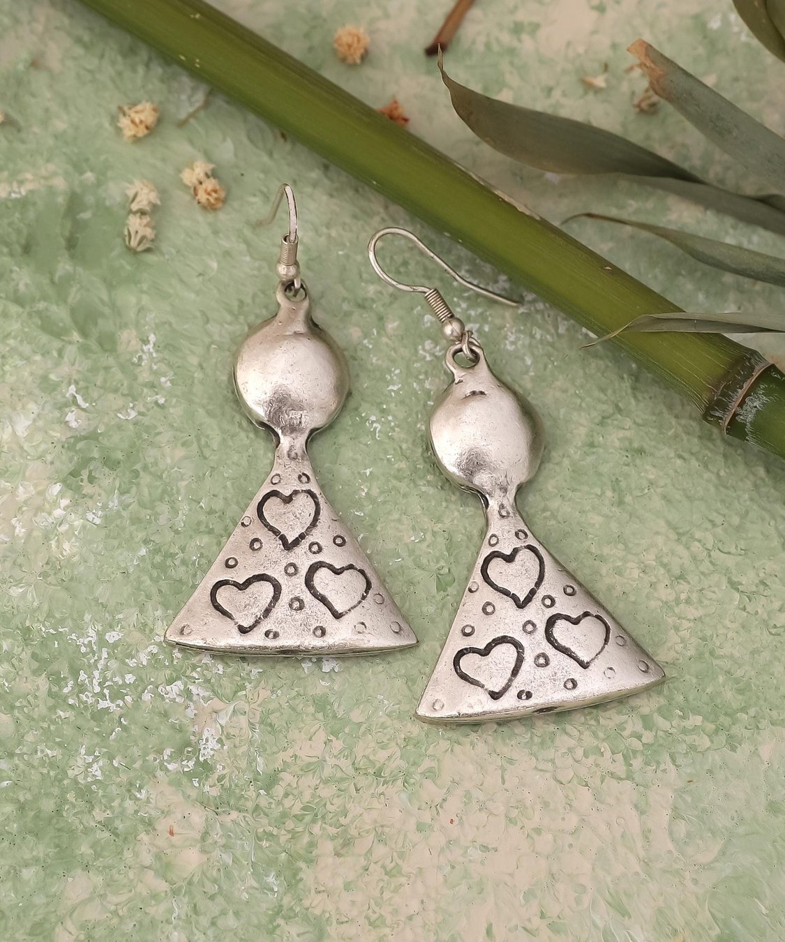 Boho Chic Silver Dangle Earrings: Heart Triangle Design