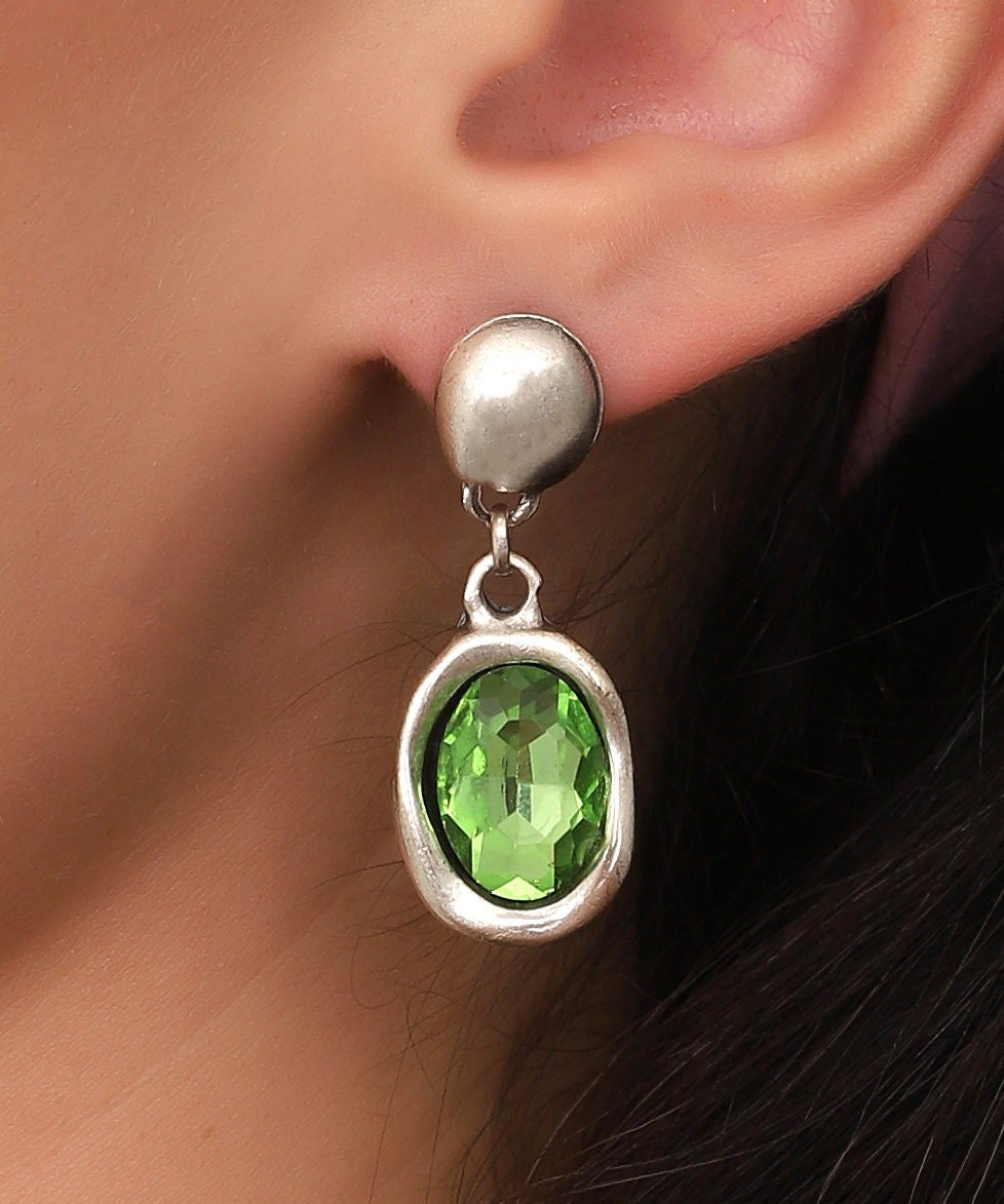 Silver Plated Green Crystal Drop Earrings: Boho Artisan Jewelry