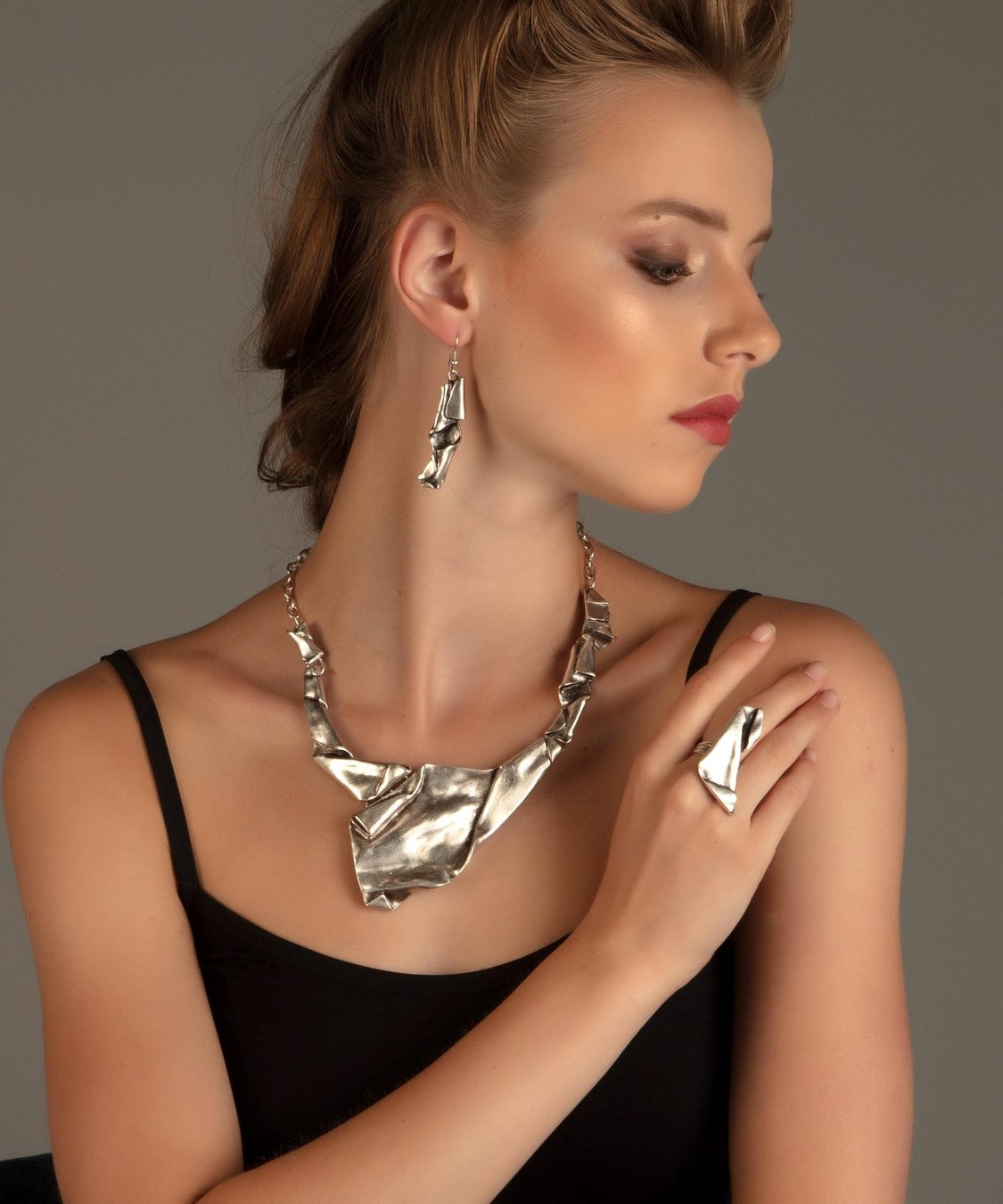 Antique Silver Jewelry Set: Ethnic Necklace, Earrings & Ring
