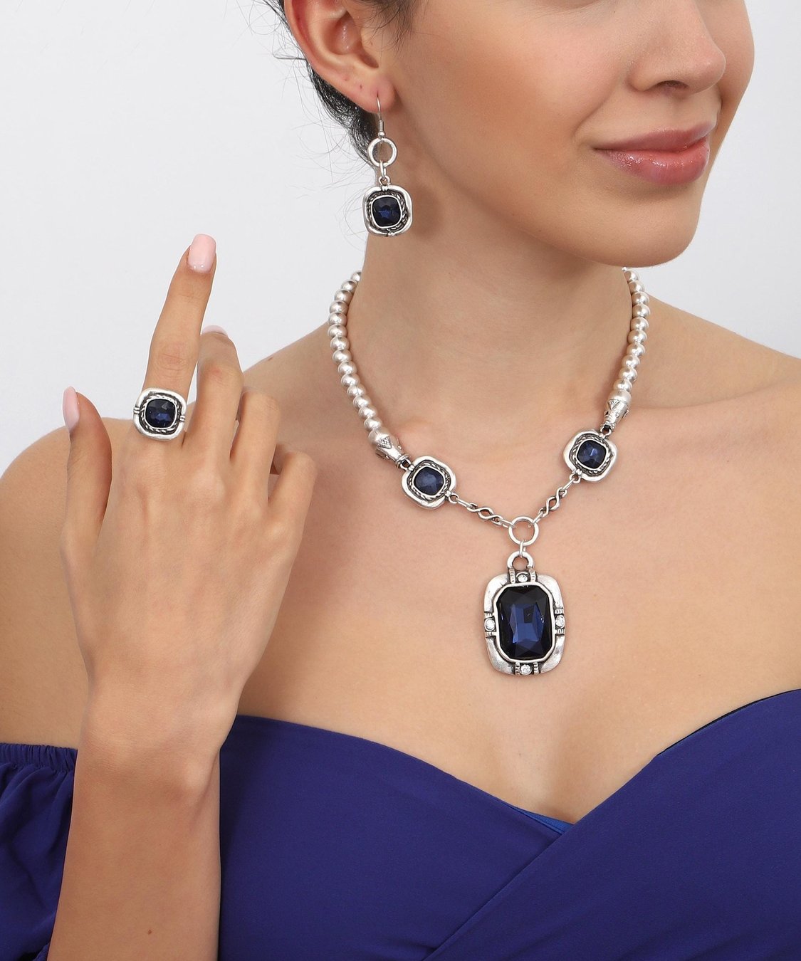 Vintage Blue Jewelry Set: Boho Silver Necklace, Ring & Earrings