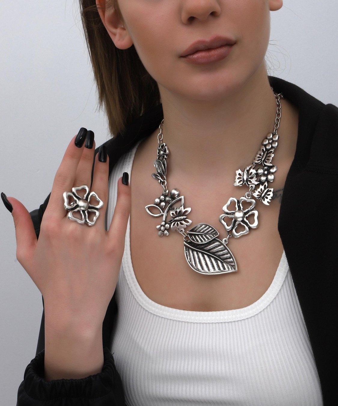 Silver Plated Floral Statement Jewelry Set, Vintage Jewelry