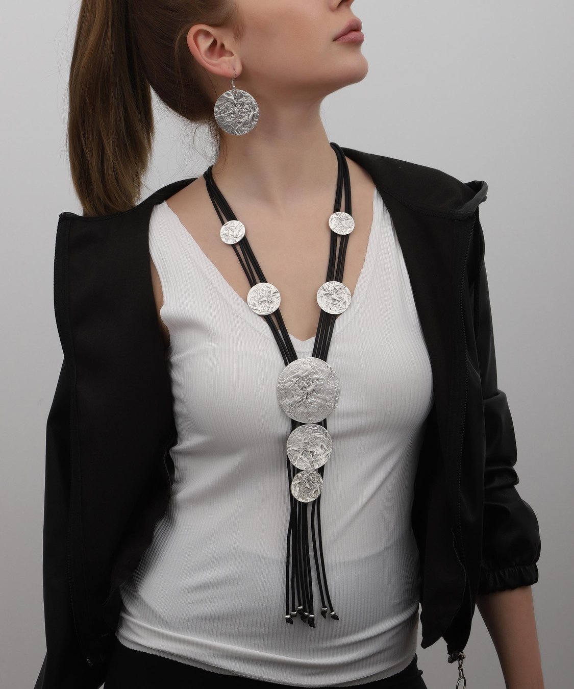 Hammered Circle Pendant Necklace & Earrings Set: Antique Silver Bohemian Jewelry