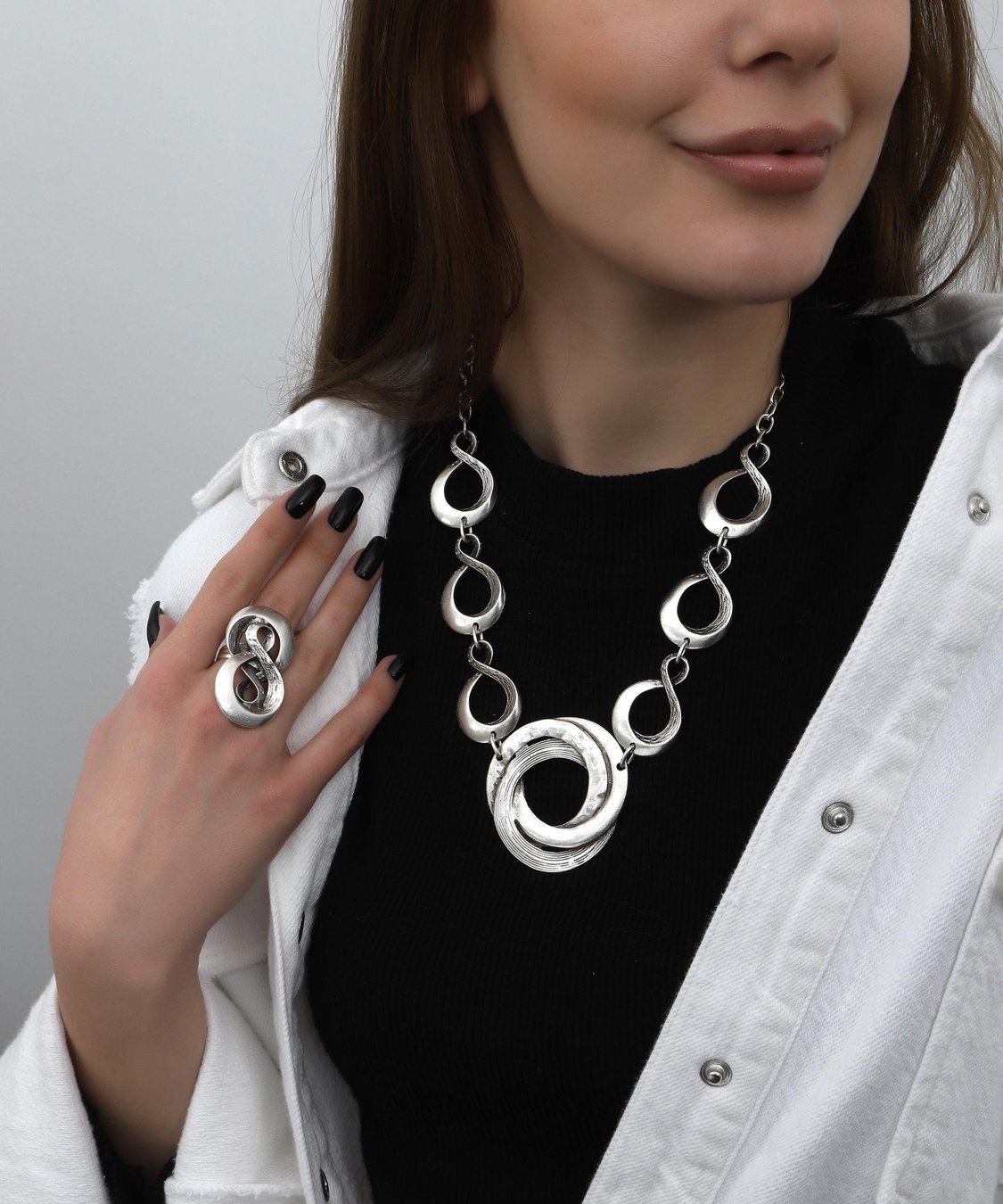 Vintage Silver Circle Pendant Necklace & Ring Set: Rustic Handmade Jewelry
