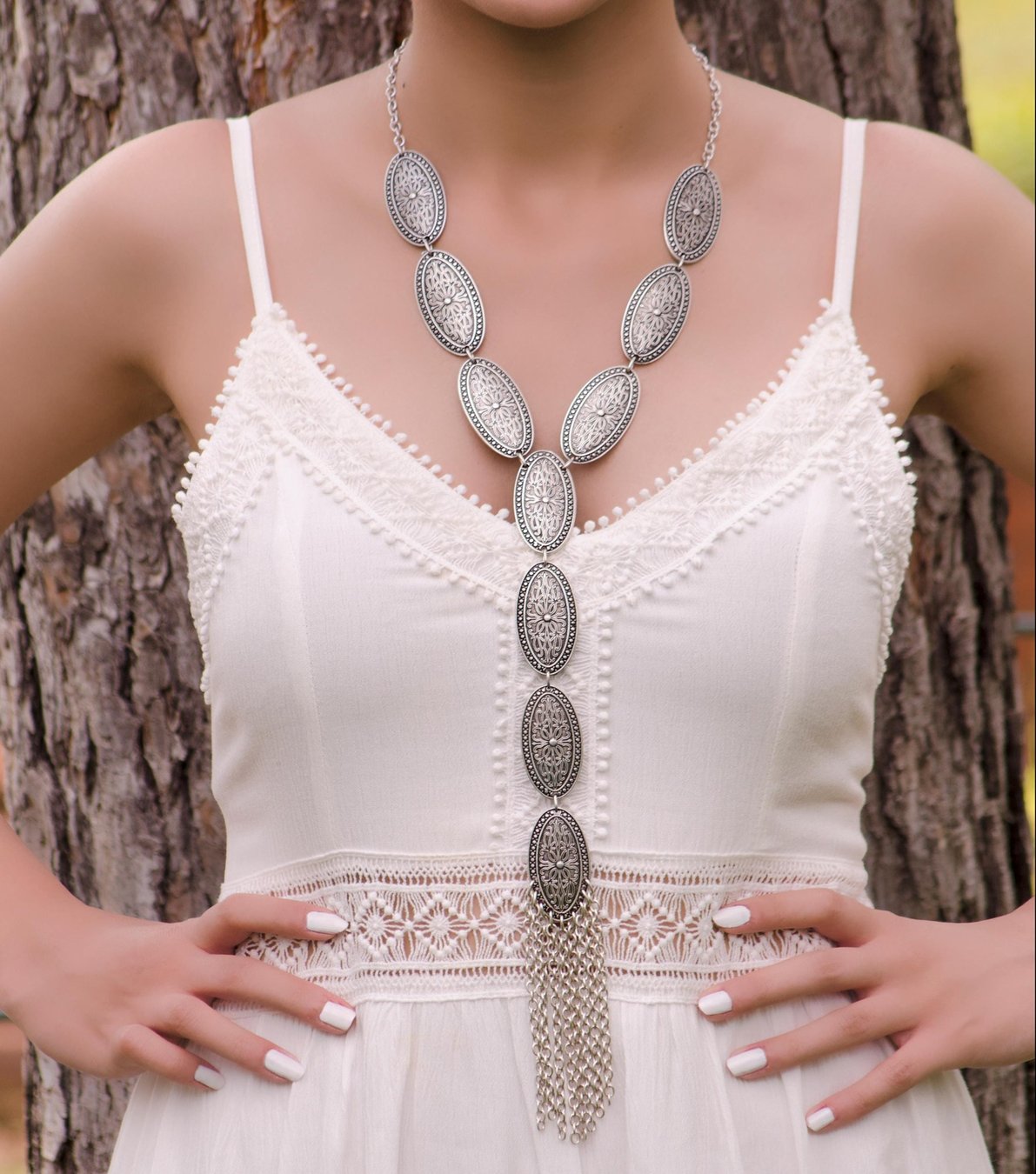 Vintage Style Silver Plated Jewelry Set: Long Tassel Necklace, Bohemian Bracelet, Earrings