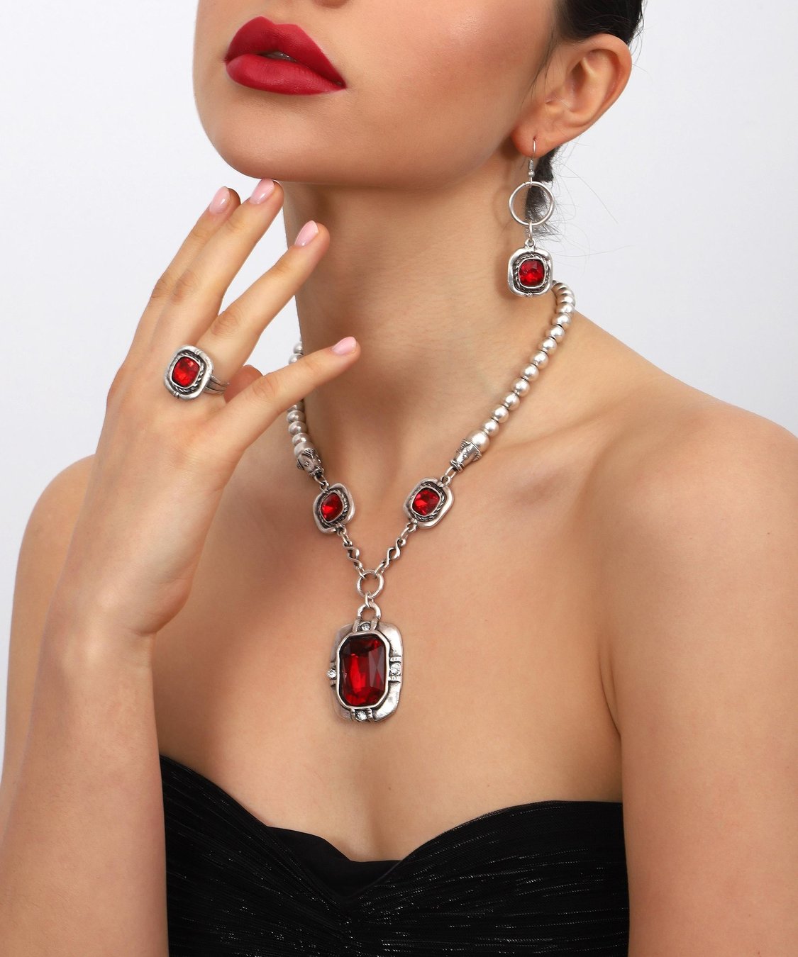 Vintage Red Jewelry Set: Boho Silver Necklace, Ring & Earrings