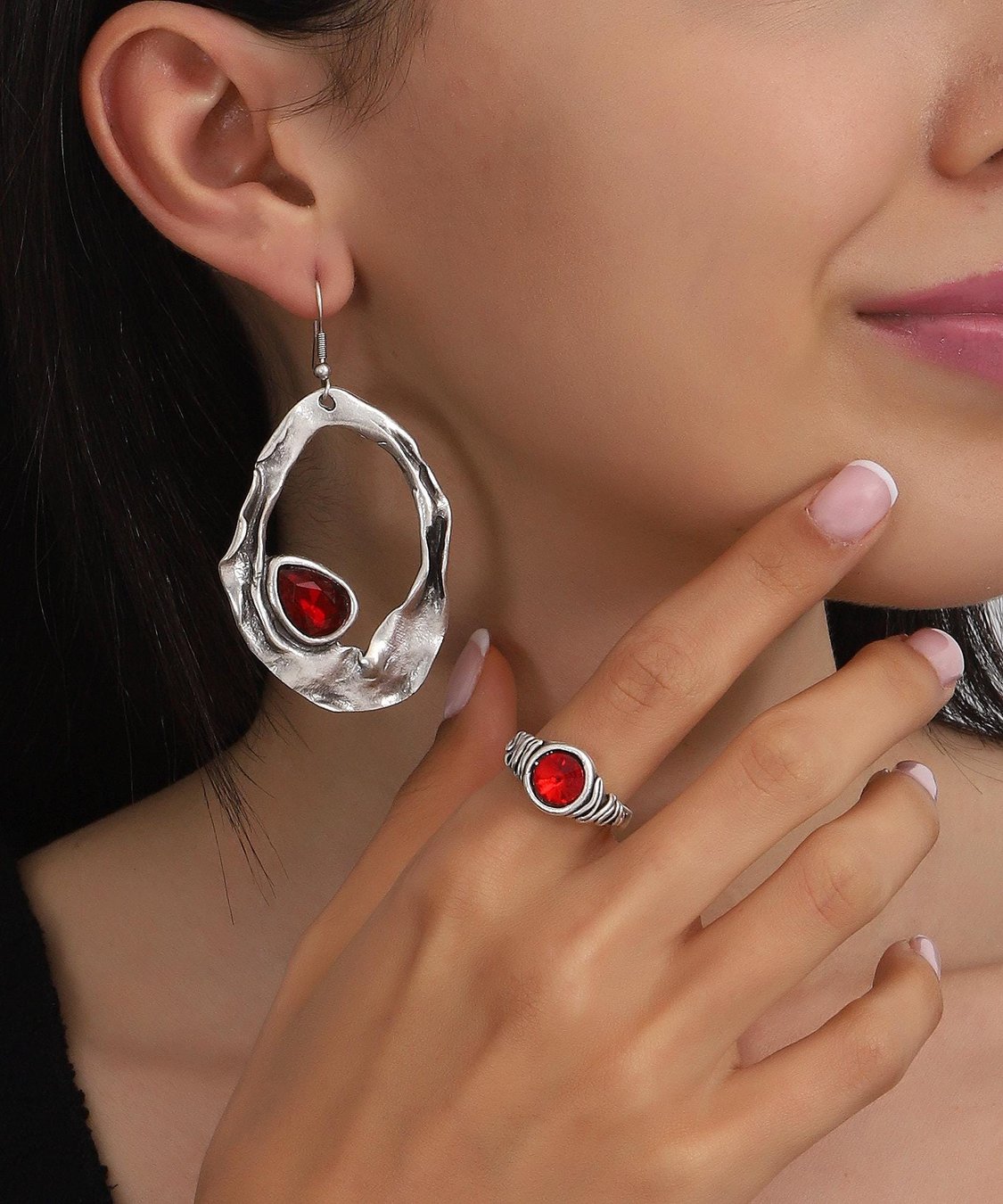 Red Crystal Stone Ring and Earrings Set: Antique Silver Vintage Style