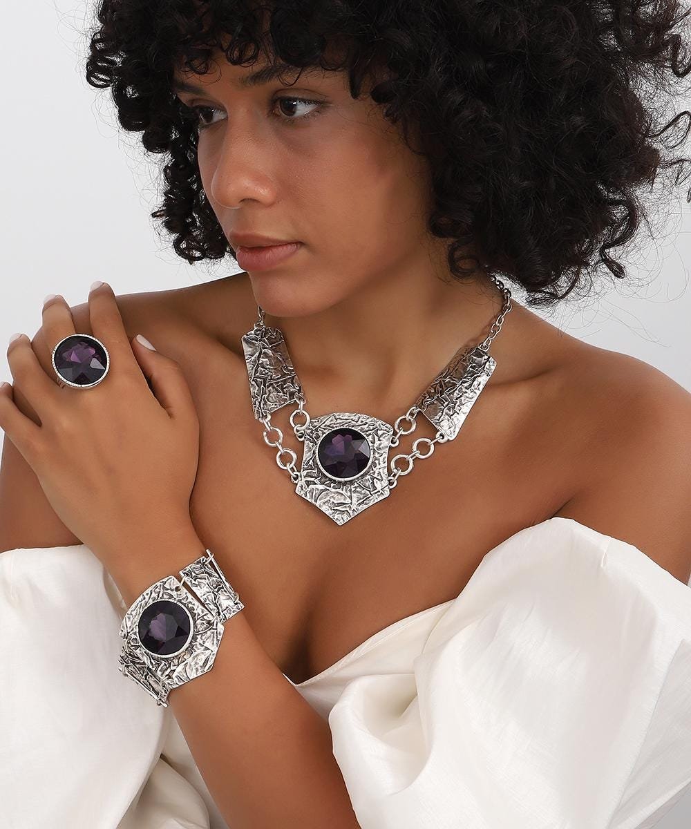 Vintage Silver Necklace, Bracelet & Earrings Set: Purple Crystal Boho Jewelry