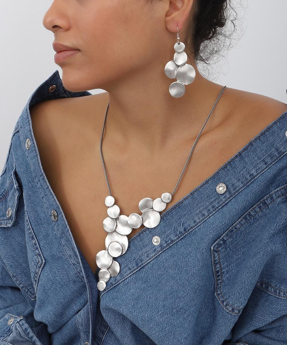 Hammered Circle Pendant Necklace & Earrings Set: Antique Silver Bohemian Jewelry