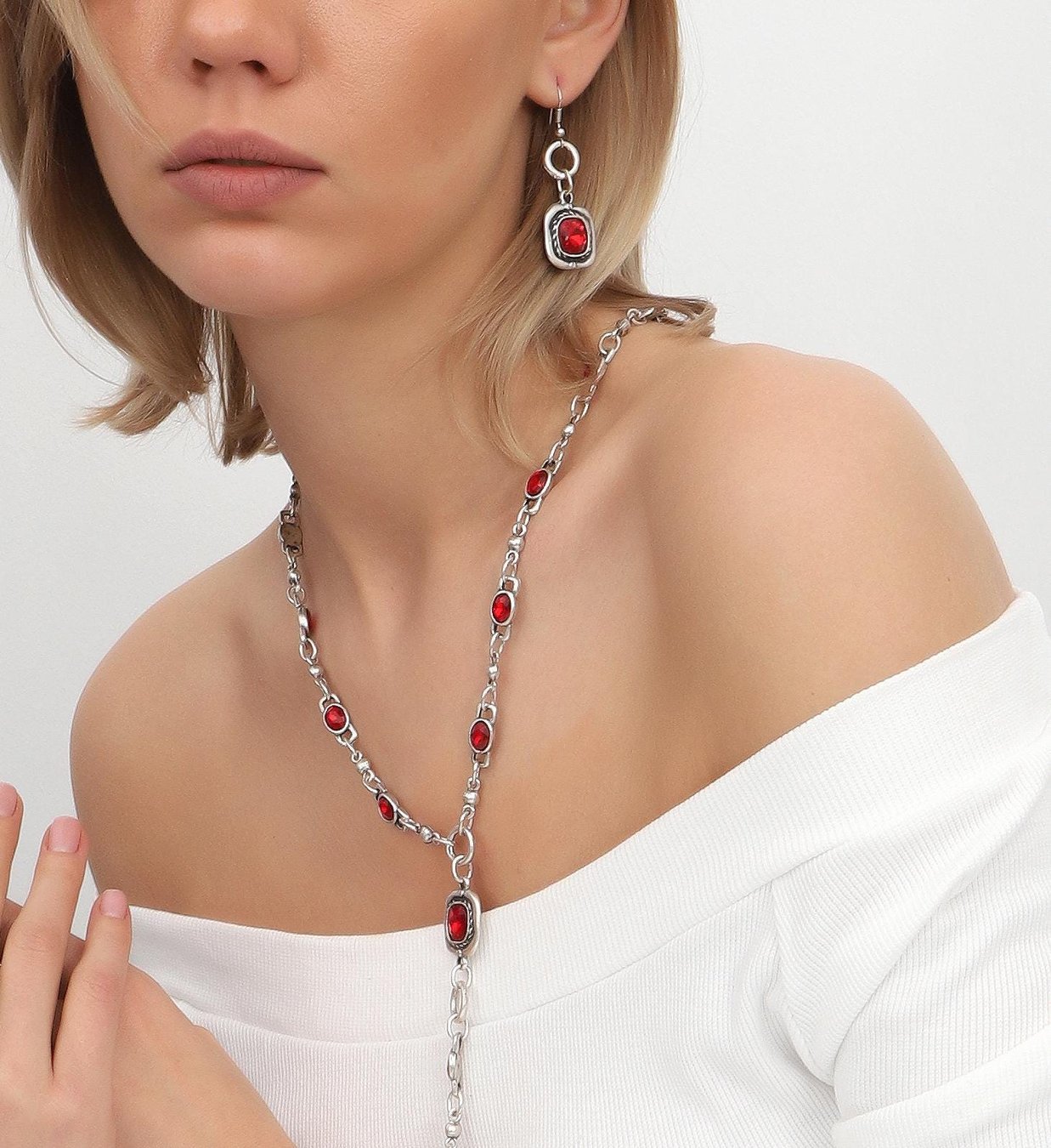 Vintage Silver Crystal Jewelry Set: Boho Chain Necklace and Earrings