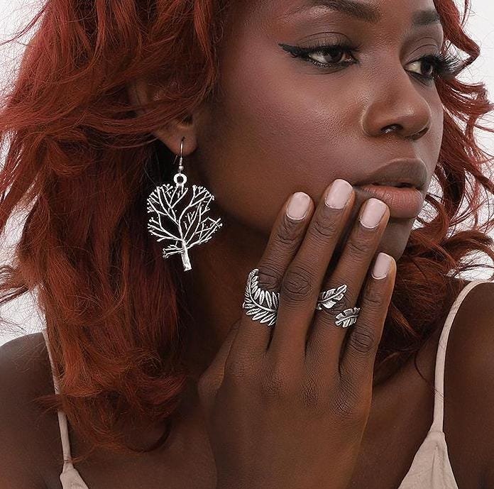 Silver Plated Tree of Life Jewelry Set: Adjustable Ring & Earrings