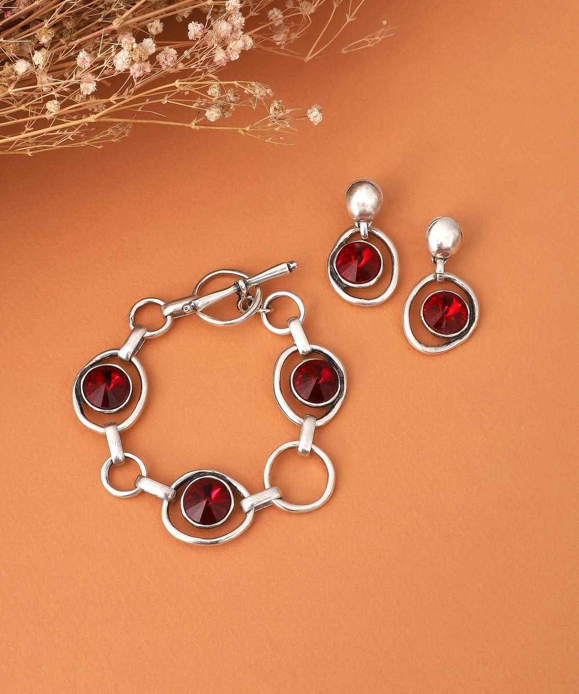 Boho Silver Bracelet and Earrings Set: Red Crystal Jewelry