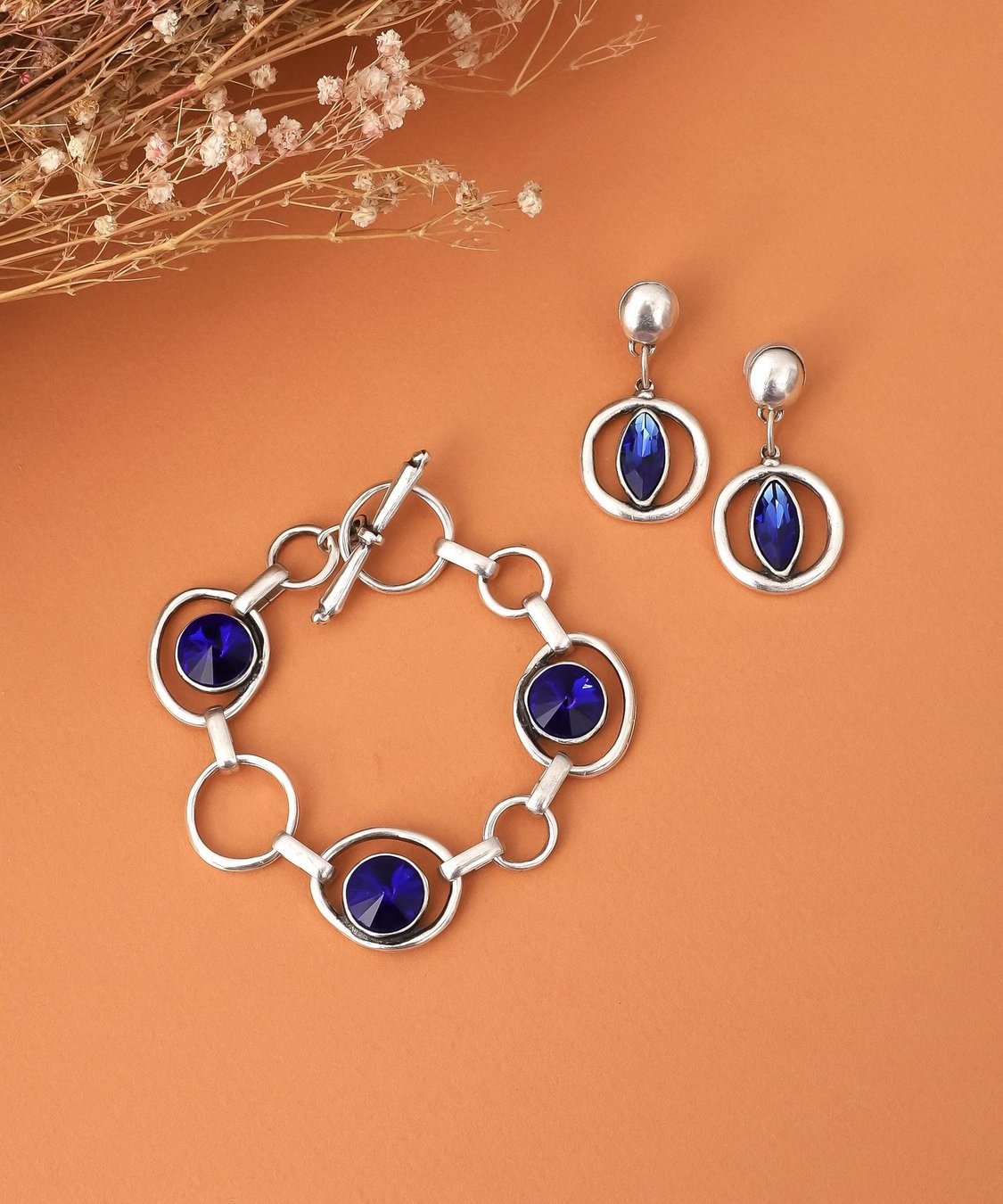 Boho Silver Bracelet and Earrings Set: Rustic Antique Blue Crystal Jewelry