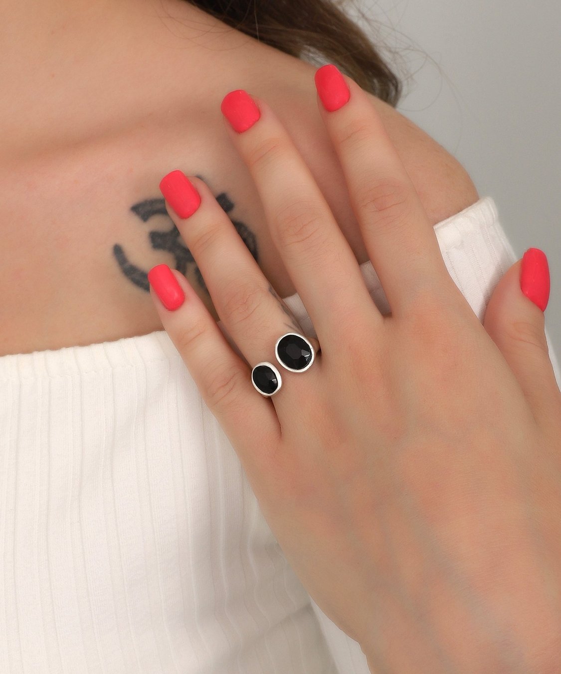 Antique Silver Bypass Ring: Ethnic Stone Cocktail Ring