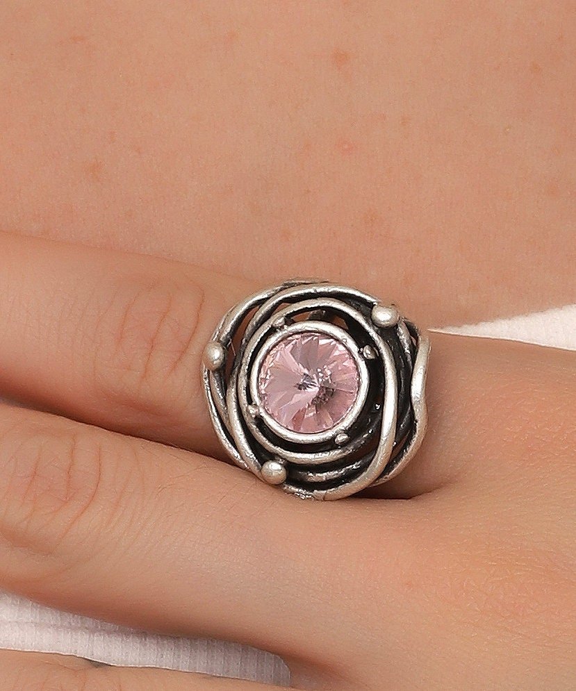 Antique Silver Big Stone Ring: Adjustable Meditation Jewelry