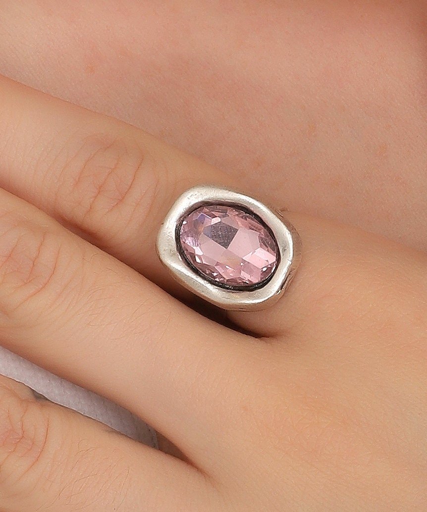 Pink Crystal Stone Ring: Antique Silver, Free Size