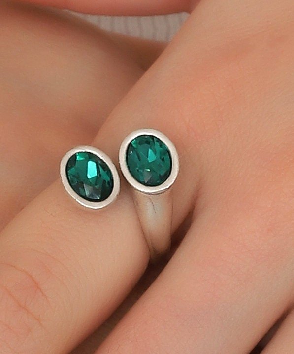 Antique Silver Bypass Ring: Oval Crystal Stone, Adjustable Band