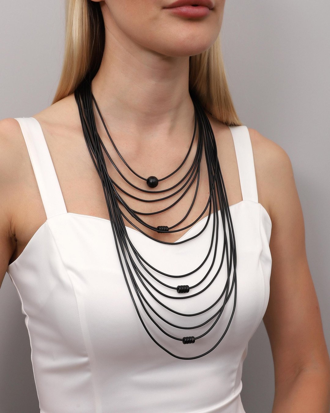 Handmade Black Leather Statement Necklace: Beaded Boho Jewelry
