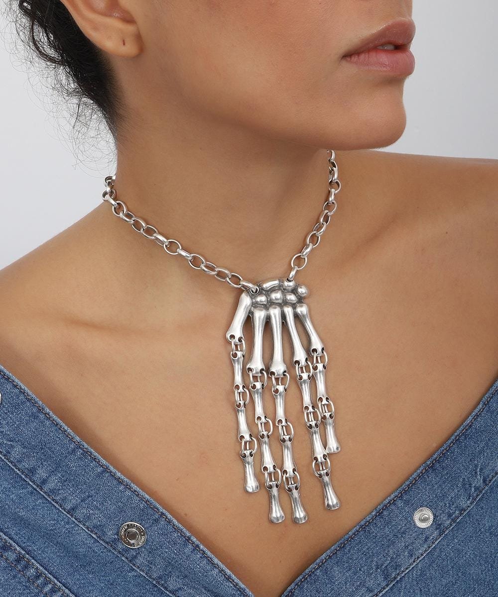 Skeleton Jewelry Set: Antique Silver Necklace and Bracelet - Gothic Halloween