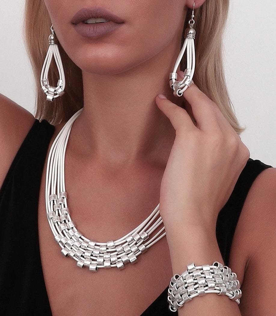 Handmade White Leather Jewelry Set: Silver Plated Cubes, Bohemian Design