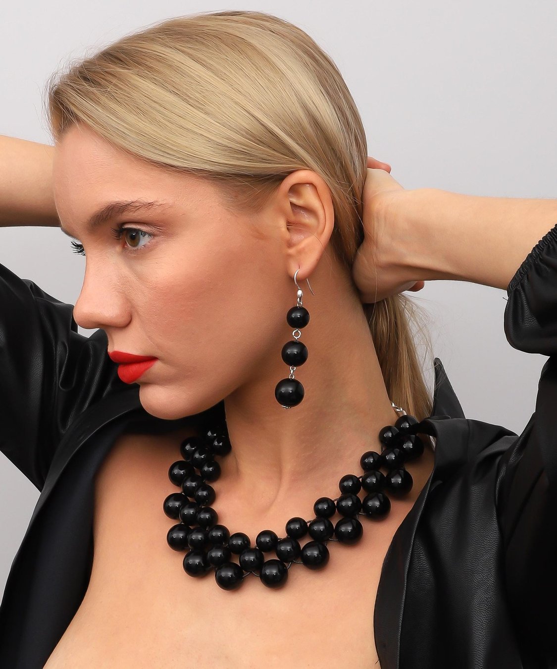 Handmade Black Beaded Jewelry Set: Necklace and Earrings