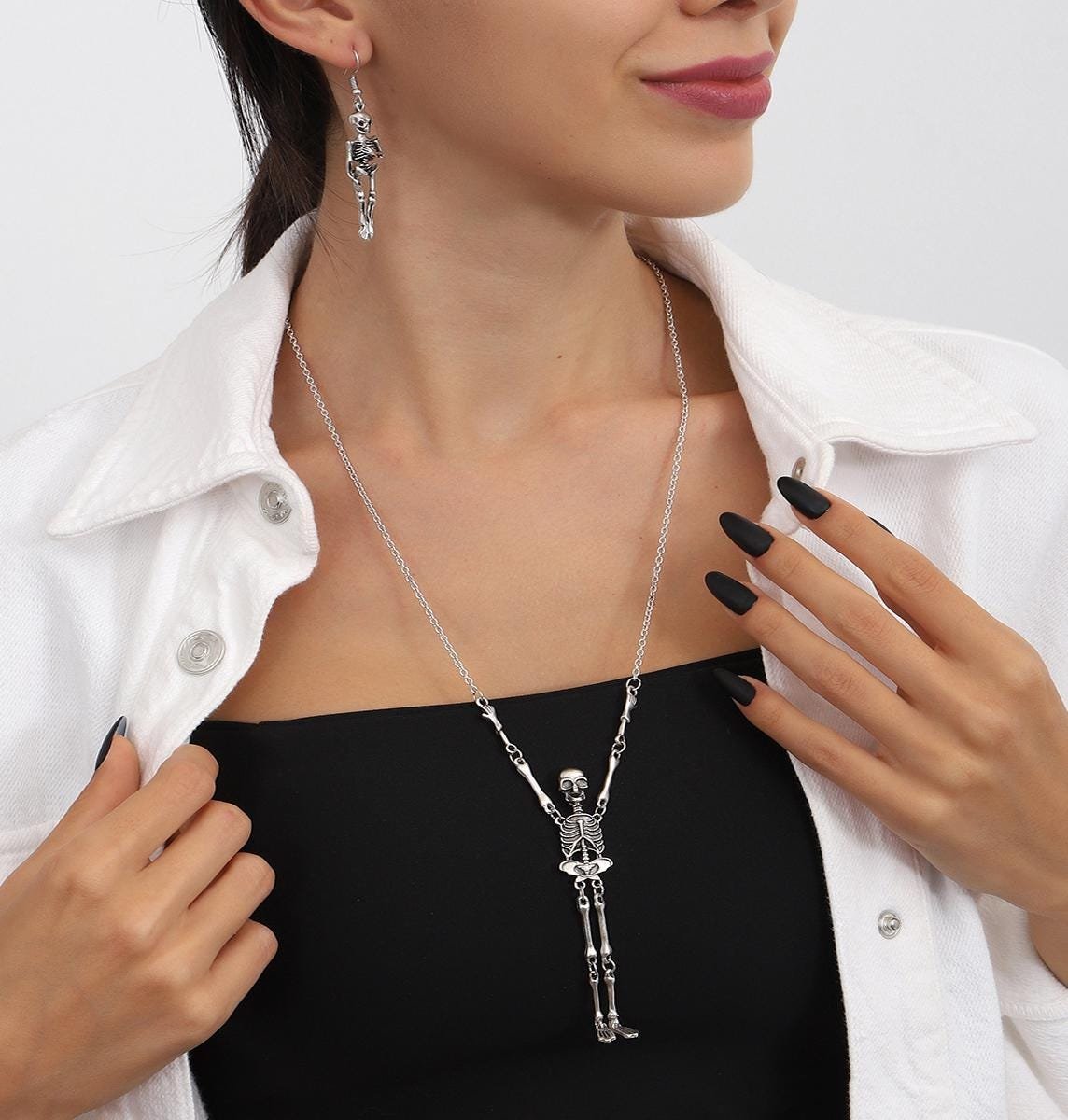 Antique Silver Skeleton Jewelry Set: Gothic Necklace, Bracelet, Earrings, Ring