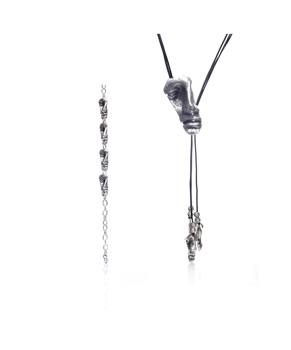 Silver Plated Faces Leather Jewelry Set
