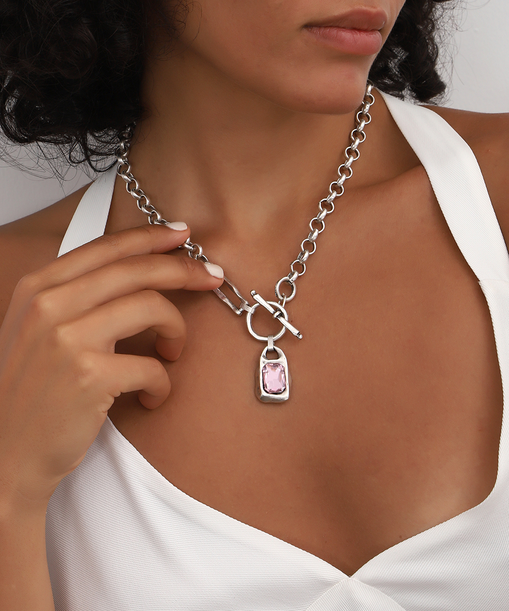 Pink Crystal Stone pendant Chain Necklace
