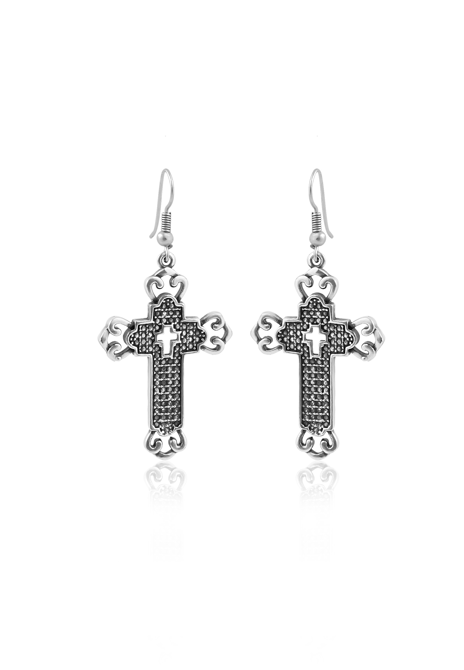 Antique Silver Plated Open Cross Design Earrings