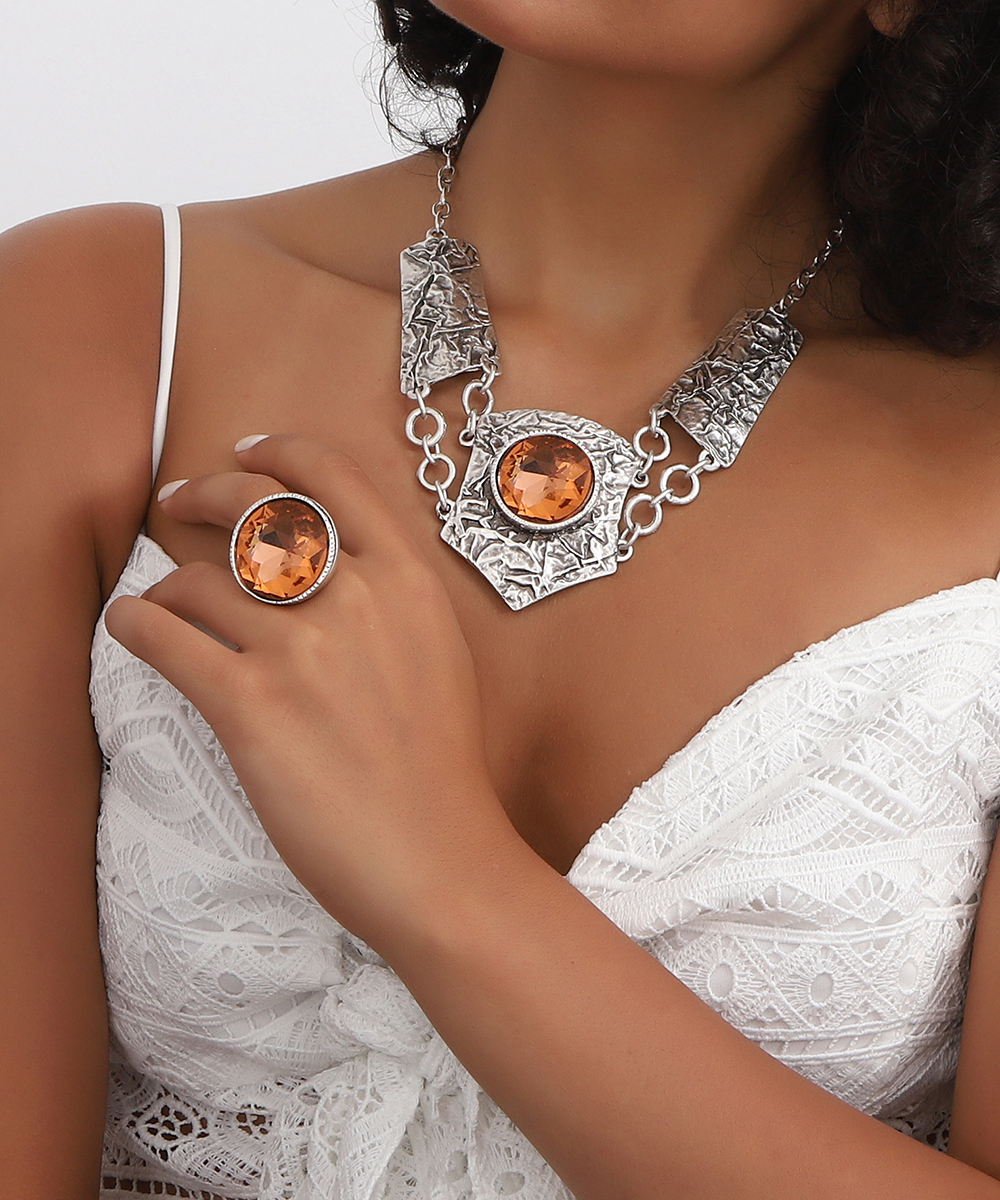 Ethnic Style Orange Crystal Stone Necklace & Ring Set