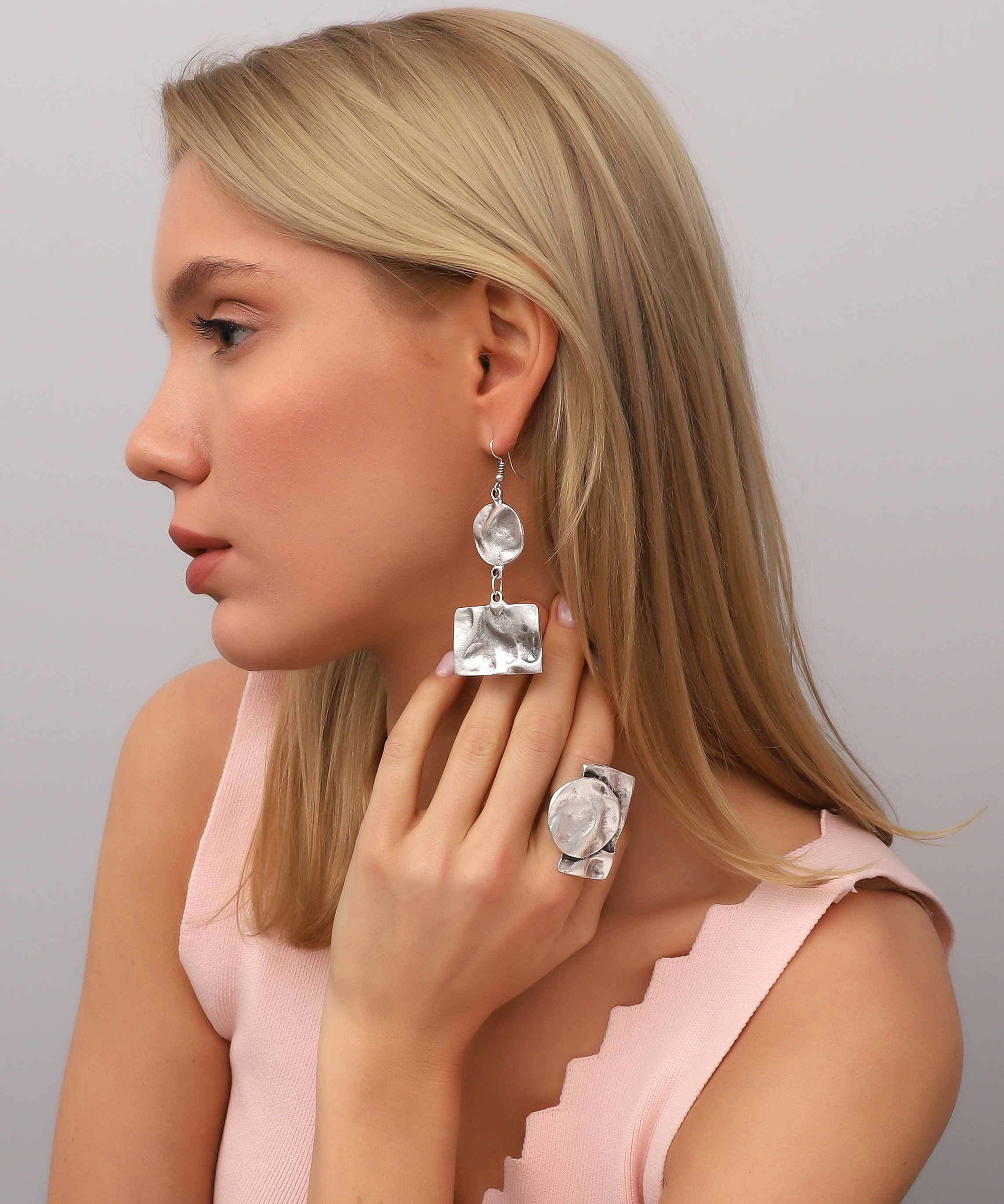 Circle & Square Shape Jewelry Set with Hammered Surface