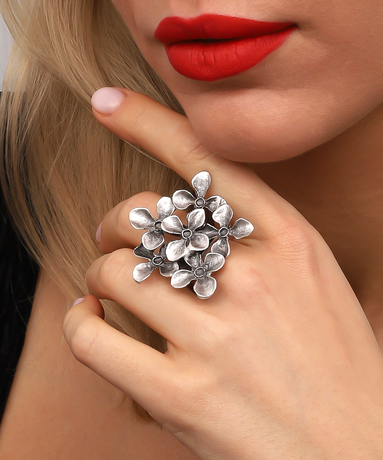Antique Silver Plated Flower Free Size Ring