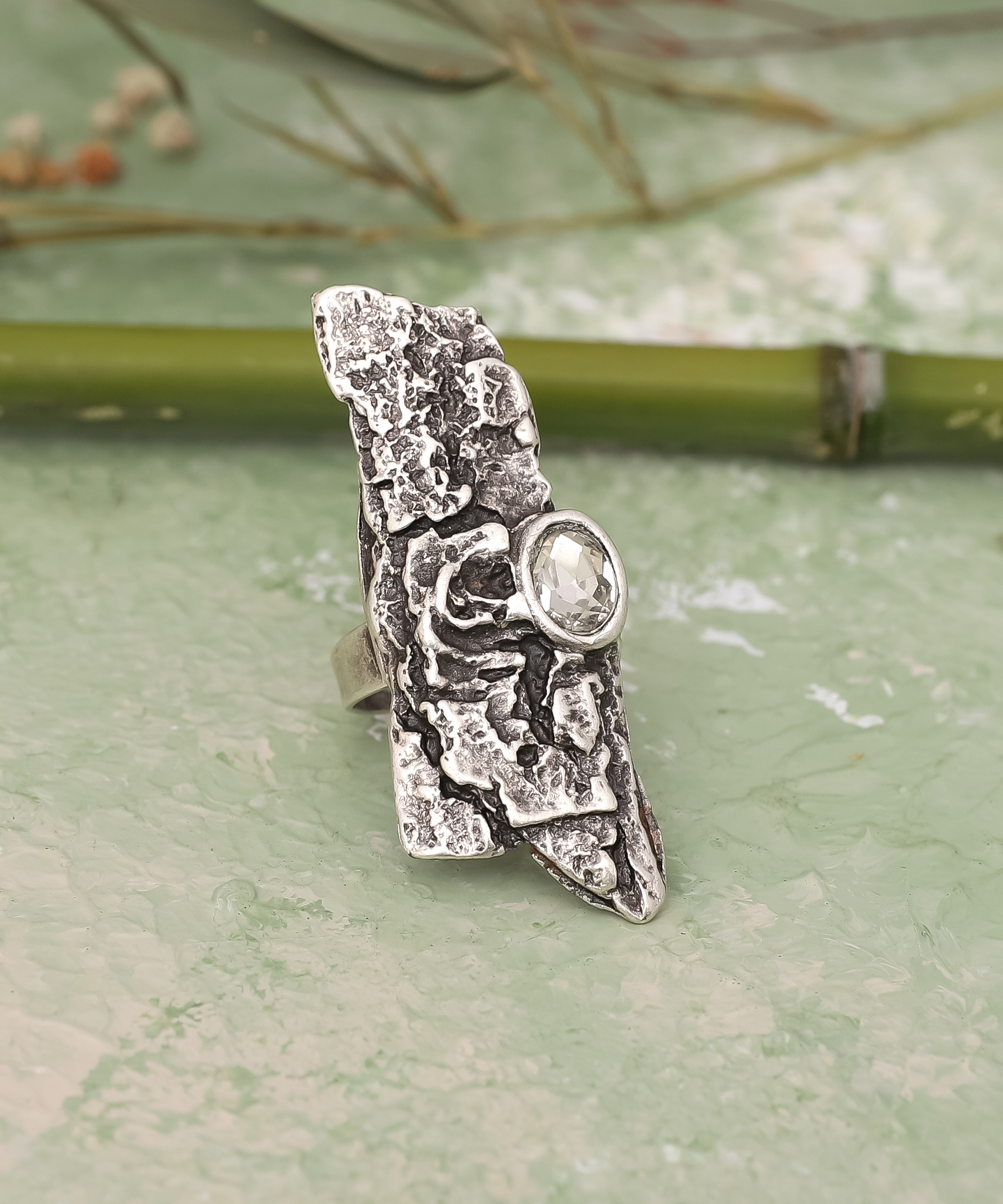 Antique Silver Plated White Crystal Stone Free Size Ring